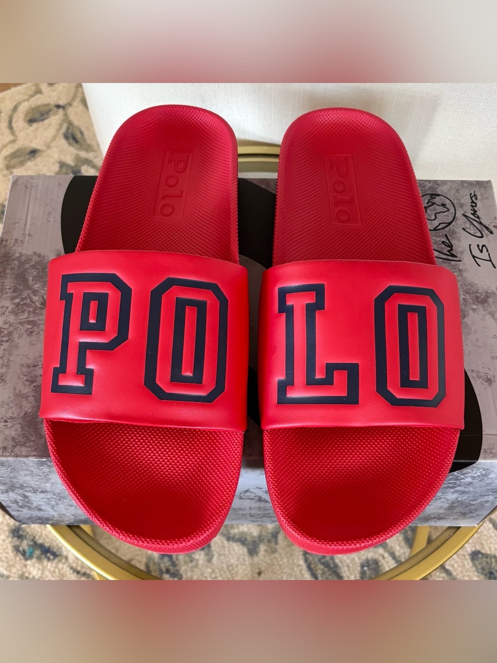 Polo Ralph Lauren Cayson Mens Slides Size 13 Red Navy Blue Spell Out Sandals